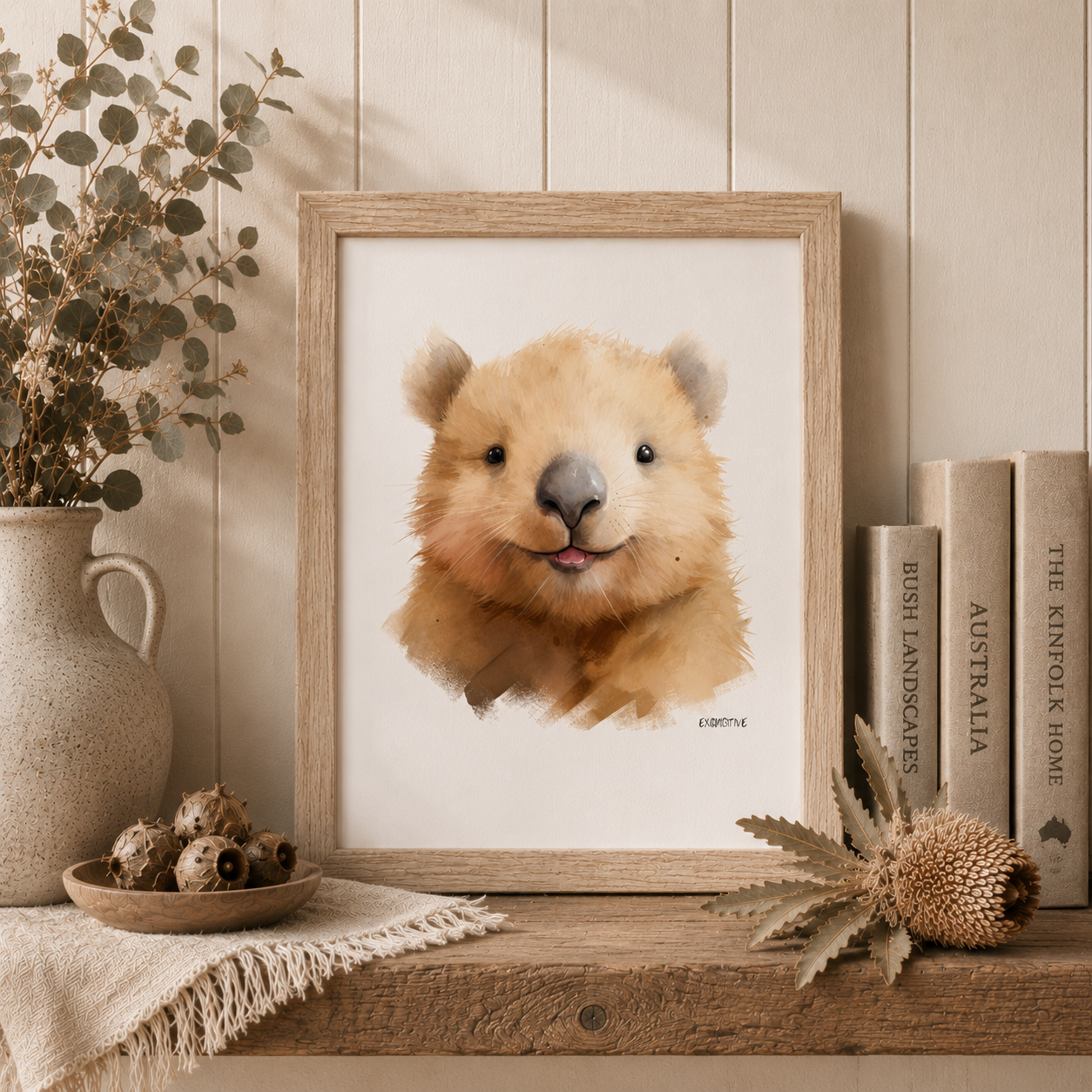 Framed artwork of a bear's face on a wooden shelf with decorative items.