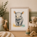Framed illustration of a rhino in a child's room with toys and decor.