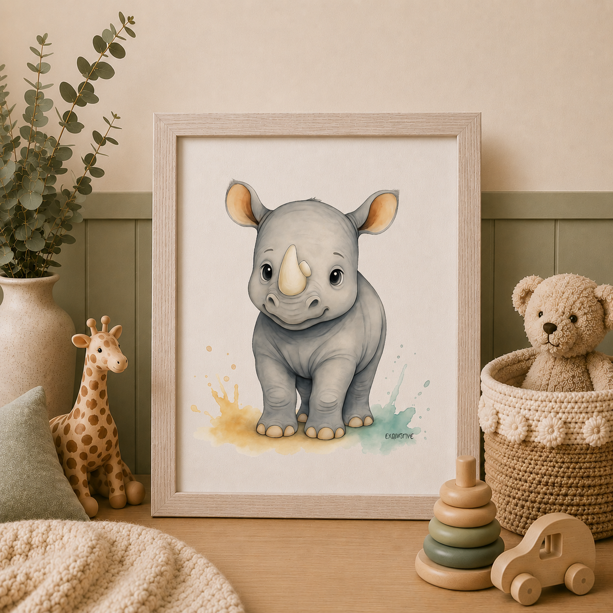 Framed illustration of a rhino in a child's room with toys and decor.