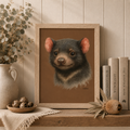 Framed artwork of a creature with pink ears on a shelf with books and decor.