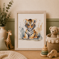Framed illustration of a tiger cub in a room with toys and decor