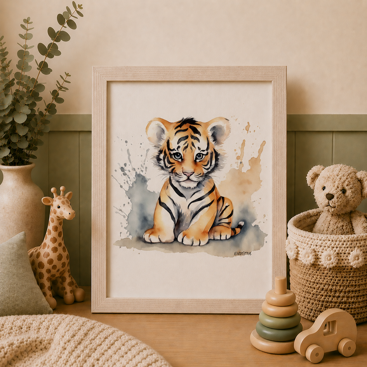 Framed illustration of a tiger cub in a room with toys and decor