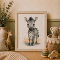 Framed picture of a zebra in a child's room with toys and decor.