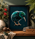 Framed artwork of a kiwi bird on a decorative shelf with plants and a sign.