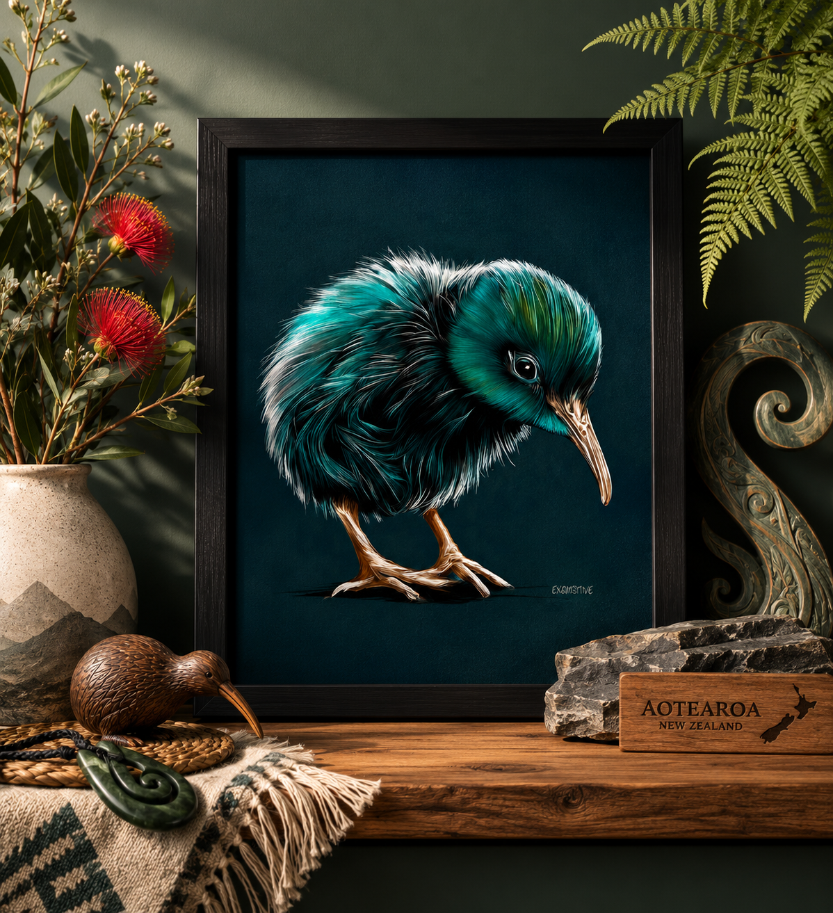 Framed artwork of a kiwi bird on a decorative shelf with plants and a sign.