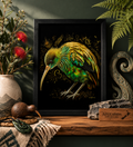 Framed artwork of a colorful bird on a decorative shelf with plants and a wooden box.