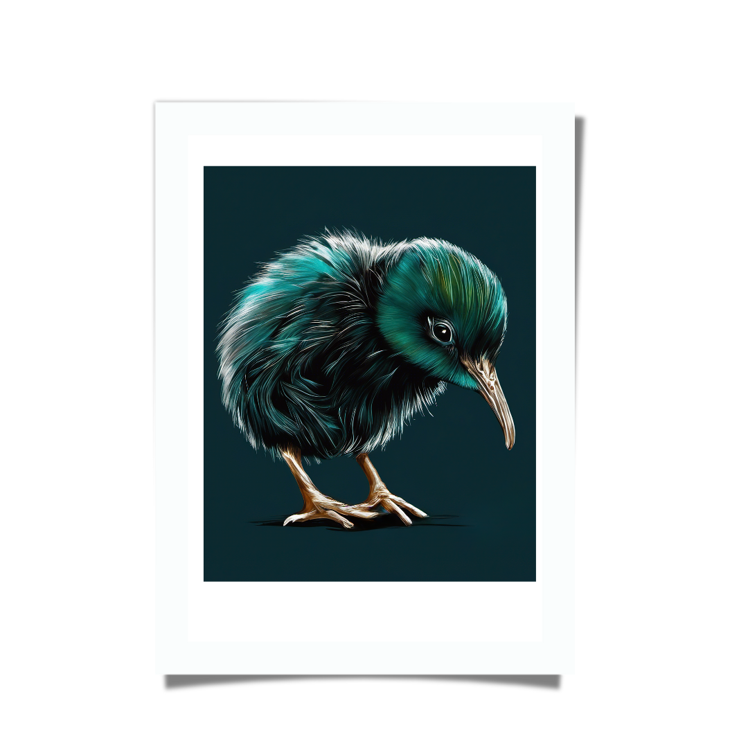 Blue and teal kiwi bird illustration with soft feather detailing, New Zealand wildlife art print
