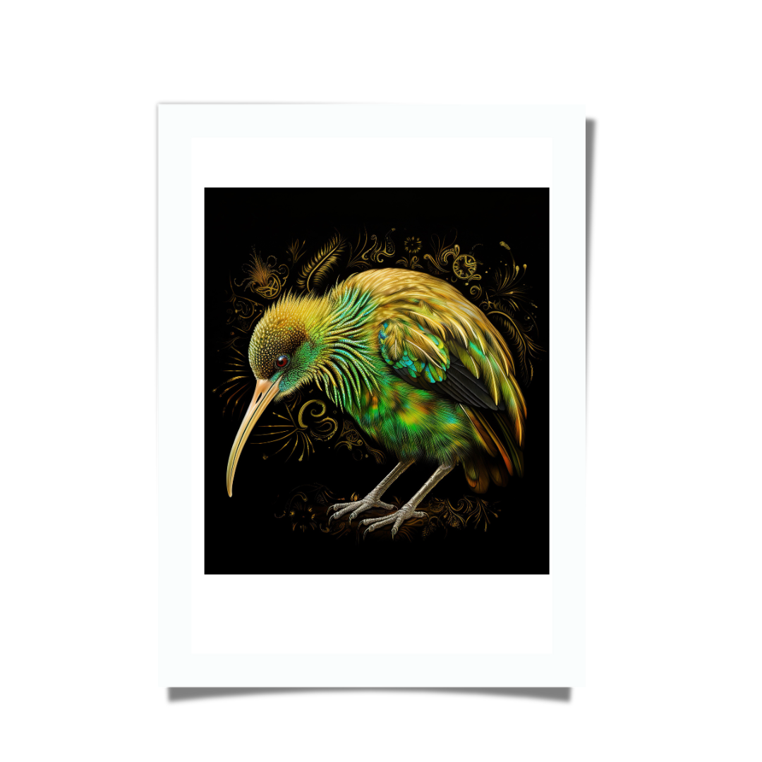 Vibrant gold and green kiwi bird illustration on a black background, detailed New Zealand wildlife art print.