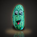 Big Dill, a hand painted smiling pickle rock, on a black and gold background